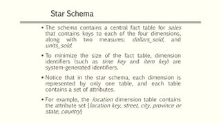  The schema contains a central fact table for sales
that contains keys to each of the four dimensions,
along with two measures: dollars_sold, and
units_sold.
 To minimize the size of the fact table, dimension
identifiers (such as time key and item key) are
system-generated identifiers.
 Notice that in the star schema, each dimension is
represented by only one table, and each table
contains a set of attributes.
 For example, the location dimension table contains
the attribute set {location key, street, city, province or
state, country}
Star Schema
 