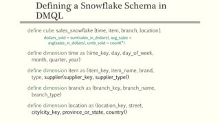 Defining a Snowflake Schema in
DMQL
define cube sales_snowflake [time, item, branch, location]:
dollars_sold = sum(sales_in_dollars), avg_sales =
avg(sales_in_dollars), units_sold = count(*)
define dimension time as (time_key, day, day_of_week,
month, quarter, year)
define dimension item as (item_key, item_name, brand,
type, supplier(supplier_key, supplier_type))
define dimension branch as (branch_key, branch_name,
branch_type)
define dimension location as (location_key, street,
city(city_key, province_or_state, country))
 