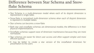Difference between Star Schema and Snow-
flake Schema
 Star Schema is a multi-dimension model where each of its disjoint dimension is
represented in single table.
 Snow-flake is normalized multi-dimension schema when each of disjoint dimension
is represent in multiple tables.
 Star schema can become a snow-flake
 Both star and snowflake schemas are dimensional models; the difference is in their
physical implementations.
 Snowflake schemas support ease of dimension maintenance because they are more
normalized.
 Star schemas are easier for direct user access and often support simpler and more
efficient queries.
 It may be better to create a star version of the snowflaked dimension for
presentation to the users
 