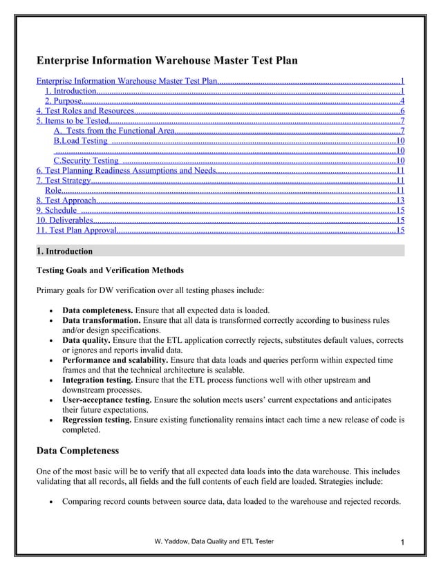 Data warehouse master test plan | DOC