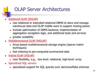 32
OLAP Server Architectures
 Relational OLAP (ROLAP)
 Use relational or extended-relational DBMS to store and manage
wa...