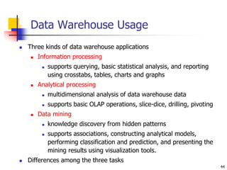 44
Data Warehouse Usage
 Three kinds of data warehouse applications
 Information processing
 supports querying, basic s...