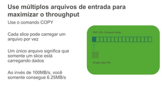 Use o comando COPY
Cada slice pode carregar um
arquivo por vez
Um único arquivo significa que
somente um slice está
carregando dados
Ao invés de 100MB/s, você
somente consegue 6.25MB/s
Use múltiplos arquivos de entrada para
maximizar o throughput
 