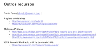 Outros recursos
Daniel Bento | dbento@amazon.com |
Páginas de detalhes
• http://aws.amazon.com/redshift
• https://aws.amazon.com/marketplace/redshift/
Melhores Práticas
• http://docs.aws.amazon.com/redshift/latest/dg/c_loading-data-best-practices.html
• http://docs.aws.amazon.com/redshift/latest/dg/c_designing-tables-best-practices.html
• http://docs.aws.amazon.com/redshift/latest/dg/c-optimizing-query-performance.html
AWS Summit São Paulo – 02 de Junho de 2016
• https://aws.amazon.com/pt/summits/sao-paulo/
 