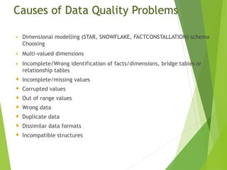 Causes of Data Quality Problems
 Dimensional modelling (STAR, SNOWFLAKE, FACTCONSTALLATION) schema
Choosing
 Multi-valued dimensions
 Incomplete/Wrong identification of facts/dimensions, bridge tables or
relationship tables
 Incomplete/missing values
 Corrupted values
 Out of range values
 Wrong data
 Duplicate data
 Dissimilar data formats
 Incompatible structures
 