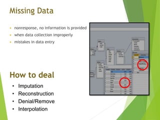 Missing Data
 nonresponse, no information is provided
 when data collection improperly
 mistakes in data entry
How to deal
• Imputation
• Reconstruction
• Denial/Remove
• Interpolation
 