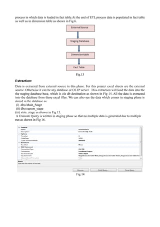 process in which data is loaded in fact table.At the end of ETL process data is populated in fact table
as well as in dimension table as shown in Fig.6.
Fig.13
Extraction:
Data is extracted from external source in this phase. For this project excel sheets are the external
source. Otherwise it can be any database or OLTP server. This extraction will load the data into the
the staging database base, which is ole db destination as shown in Fig 14. All the data is extracted
into the database from these excel files. We can also see the data which comes in staging phase is
stored in the database as
(i) dbo.Main_Stage
(ii) dbo.season_stage
(iii) state_stage as shown in Fig 15.
A Truncate Query is written in staging phase so that no multiple data is generated due to multiple
run as shown in Fig 16.
Fig.14
 