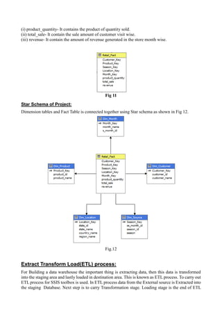 (i) product_quantity- It contains the product of quantity sold.
(ii) total_sale- It contain the sale amount of customer visit wise.
(iii) revenue- It contain the amount of revenue generated in the store month wise.
Fig 11
Star Schema of Project:
Dimension tables and Fact Table is connected together using Star schema as shown in Fig 12.
Fig.12
Extract Transform Load(ETL) process:
For Building a data warehouse the important thing is extracting data, then this data is transformed
into the staging area and lastly loaded in destination area. This is known as ETL process. To carry out
ETL process for SSIS toolbox is used. In ETL process data from the External source is Extracted into
the staging Database. Next step is to carry Transformation stage. Loading stage is the end of ETL
 