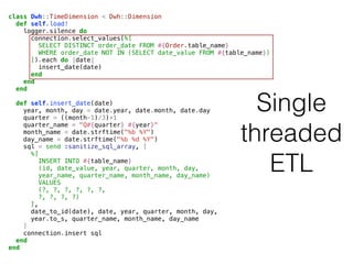 Single
threaded
ETL
class Dwh::TimeDimension < Dwh::Dimension
def self.load!
logger.silence do
connection.select_values(%[
SELECT DISTINCT order_date FROM #{Order.table_name}
WHERE order_date NOT IN (SELECT date_value FROM #{table_name})
]).each do |date|
insert_date(date)
end
end
end
def self.insert_date(date)
year, month, day = date.year, date.month, date.day
quarter = ((month-1)/3)+1
quarter_name = "Q#{quarter} #{year}"
month_name = date.strftime("%b %Y")
day_name = date.strftime("%b %d %Y")
sql = send :sanitize_sql_array, [
%[
INSERT INTO #{table_name}
(id, date_value, year, quarter, month, day,
year_name, quarter_name, month_name, day_name)
VALUES
(?, ?, ?, ?, ?, ?,
?, ?, ?, ?)
],
date_to_id(date), date, year, quarter, month, day,
year.to_s, quarter_name, month_name, day_name
]
connection.insert sql
end
end
 