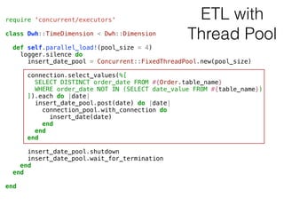 require 'concurrent/executors'
class Dwh::TimeDimension < Dwh::Dimension
def self.parallel_load!(pool_size = 4)
logger.silence do
insert_date_pool = Concurrent::FixedThreadPool.new(pool_size)
connection.select_values(%[
SELECT DISTINCT order_date FROM #{Order.table_name}
WHERE order_date NOT IN (SELECT date_value FROM #{table_name})
]).each do |date|
insert_date_pool.post(date) do |date|
connection_pool.with_connection do
insert_date(date)
end
end
end
insert_date_pool.shutdown
insert_date_pool.wait_for_termination
end
end
end
ETL with
Thread Pool
 