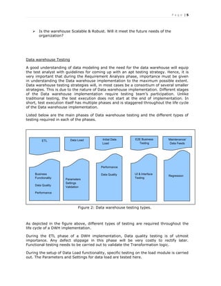 P a g e | 5
 Is the warehouse Scalable & Robust. Will it meet the future needs of the
organization?
Data warehouse Testing
A good understanding of data modeling and the need for the data warehouse will equip
the test analyst with guidelines for coming up with an apt testing strategy. Hence, it is
very important that during the Requirement Analysis phase, importance must be given
in understanding the Data warehouse implementation to the maximum possible extent.
Data warehouse testing strategies will, in most cases be a consortium of several smaller
strategies. This is due to the nature of Data warehouse implementation. Different stages
of the Data warehouse implementation require testing team’s participation. Unlike
traditional testing, the test execution does not start at the end of implementation. In
short, test execution itself has multiple phases and is staggered throughout the life cycle
of the Data warehouse implementation.
Listed below are the main phases of Data warehouse testing and the different types of
testing required in each of the phases.
Figure 2: Data warehouse testing types.
As depicted in the figure above, different types of testing are required throughout the
life cycle of a DWH implementation.
During the ETL phase of a DWH implementation, Data quality testing is of utmost
importance. Any defect slippage in this phase will be very costly to rectify later.
Functional testing needs to be carried out to validate the Transformation logic.
During the setup of Data Load functionality, specific testing on the load module is carried
out. The Parameters and Settings for data load are tested here.
ETL Maintenance/
Data Feeds
Data Load E2E Business
Testing
Initial Data
Load
Business
Functionality
Data Quality
Performance
Parameters
Settings
Validation
Performance
Data Quality UI & Interface
Testing
Regression
 