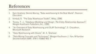 References
1. Sam Anahory, Dennis Murray, “Data warehousing In the Real World”, Pearson
Education.
2. Kimball, R. “The Data Warehouse Toolkit”, Wiley, 1996.
3. Teorey, T. J., “Database Modeling and Design: The Entity-Relationship Approach”,
Morgan Kaufmann Publishers, Inc., 1990.
4. “An Overview of Data Warehousing and OLAP Technology”, S. Chaudhuri,
Microsoft Research
5. “Data Warehousing with Oracle”, M. A. Shahzad
6. “Data Mining Concepts and Techniques”, Morgan Kaufmann J. Han, M Kamber
Second Edition ISBN : 978-1-55860-901-3
 