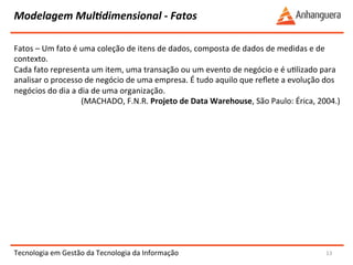 Modelagem 
MulIdimensional 
-­‐ 
Fatos 
Fatos 
– 
Um 
fato 
é 
uma 
coleção 
de 
itens 
de 
dados, 
composta 
de 
dados 
de 
medidas 
e 
de 
contexto. 
Cada 
fato 
representa 
um 
item, 
uma 
transação 
ou 
um 
evento 
de 
negócio 
e 
é 
uYlizado 
para 
analisar 
o 
processo 
de 
negócio 
de 
uma 
empresa. 
É 
tudo 
aquilo 
que 
reflete 
a 
evolução 
dos 
negócios 
do 
dia 
a 
dia 
de 
uma 
organização. 
Tecnologia 
em 
Gestão 
da 
Tecnologia 
da 
Informação 
13 
(MACHADO, 
F.N.R. 
Projeto 
de 
Data 
Warehouse, 
São 
Paulo: 
Érica, 
2004.) 
 