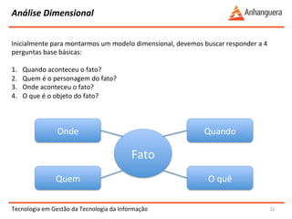 Análise 
Dimensional 
Tecnologia 
em 
Gestão 
da 
Tecnologia 
da 
Informação 
22 
Inicialmente 
para 
montarmos 
um 
modelo 
dimensional, 
devemos 
buscar 
responder 
a 
4 
perguntas 
base 
básicas: 
1. Quando 
aconteceu 
o 
fato? 
2. Quem 
é 
o 
personagem 
do 
fato? 
3. Onde 
aconteceu 
o 
fato? 
4. O 
que 
é 
o 
objeto 
do 
fato? 
Fato 
Quando 
O 
quê 
Onde 
Quem 
 