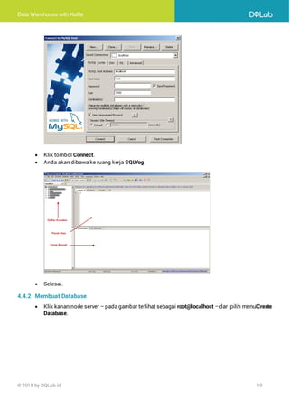 Data Warehouse with Kettle
© 2018 by DQLab.id 19
• Klik tombol Connect.
• Anda akan dibawa ke ruang kerja SQLYog.
• Selesai.
4.4.2 Membuat Database
• Klik kanan node server – pada gambar terlihat sebagai root@localhost – dan pilih menu Create
Database.
 