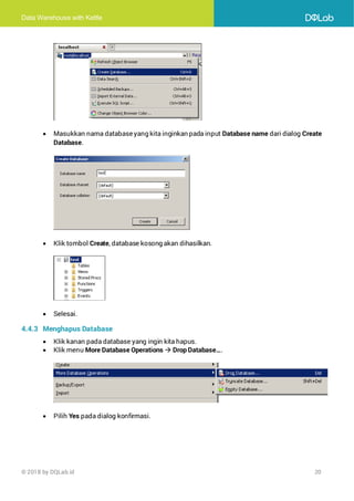 Data Warehouse with Kettle
© 2018 by DQLab.id 20
• Masukkan nama databaseyang kita inginkan pada input Database name dari dialog Create
Database.
• Klik tombol Create, database kosong akan dihasilkan.
• Selesai.
4.4.3 Menghapus Database
• Klik kanan pada database yang ingin kita hapus.
• Klik menu More Database Operations → Drop Database….
• Pilih Yes pada dialog konfirmasi.
 