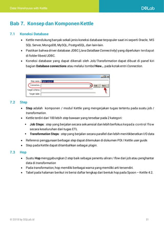 Data Warehouse with Kettle
© 2018 by DQLab.id 31
Bab 7. Konsep dan Komponen Kettle
7.1 Koneksi Database
• Kettle mendukung banyak sekali jenis koneksi database terpopuler saat iniseperti Oracle, MS
SQL Server, MongoDB, MySQL, PostgreSQL, dan lain-lain.
• Pastikan bahwa driver database JDBC (JavaDataBase Connectivity) yang diperlukan terdapat
di folder libext/JDBC.
• Koneksi database yang dapat dikenali oleh Job/Transformation dapat dibuat di panel kiri
bagian Database connections atau melalui tombol New… pada kotak entri Connection.
7.2 Step
• Step adalah komponen / modul Kettle yang mengerjakan tugas tertentu pada suatu job /
transformation.
• Kettle terdiri dari 100 lebih step bawaan yang tersebar pada 2 kategori:
▪ Job Steps : step yang berjalan secara sekuensial dan lebih berfokus kepada control flow
secara keseluruhan dari tugas ETL
▪ Transformation Steps : step yang berjalan secara parallel dan lebih menitikberatkan I/O data
• Referensi penggunaan berbagai step dapat ditemukan didokumen PDI / Kettle user guide.
• Step pada Kettle dapat ditambahkan sebagai plugin.
7.3 Hop
• Suatu Hop menggabungkan 2 step baik sebagai penentu aliran / flow dari job atau penghantar
data di transformation
• Pada transformation, hop memiliki berbagaiwarna yang memiliki arti tersendiri.
• Tabel pada halaman berikut ini berisi daftar lengkap dari bentuk hop pada Spoon – Kettle 4.2.
 