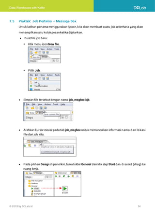 Data Warehouse with Kettle
© 2018 by DQLab.id 34
7.5 Praktek: Job Pertama – Message Box
Untuk latihan pertama menggunakan Spoon, kita akan membuat suatu job sederhana yang akan
menampilkan satu kotak pesan ketika dijalankan.
• Buat file job baru:
▪ Klik menu icon New file.
▪ Pilih Job.
• Simpan file tersebut dengan nama job_msgbox.kjb.
• Arahkan kursor mouse pada tab job_msgbox untuk memunculkan informasi nama dan lokasi
file dari job kita.
• Pada pilihan Design di panelkiri, buka folder General dan klik step Start dan diseret (drag) ke
ruang kerja.
 