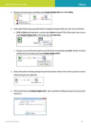 Data Warehouse with Kettle
© 2018 by DQLab.id 35
• Dengan cara yang sama, masukkan step Display Msgbox Info dari folder Utility.
• Hubungkan kedua step yang telah ada di ruang kerja dengan salah satu dari dua cara berikut:
▪ CTRL + Click pada step awal / sumber yaitu Start kemudian CTRL+Click pada step tujuan
yaitu Display Msgbox Info 1, klik kanan dan pilih New Hop.
▪ Dengan mouse, klik roda tengah mouse kita (roller mouse) pada step Start. Sambil ditahan
arahkan kursor ke step tujuan yaitu Display Msgbox Info 1.
• Kedua Step akan terhubung dengan hop berwarna hitam. Warna hitam menunjukkan kondisi
tidak bersyarat (unconditional).
• Klik dua kali pada step Diplay Msgbox Info 1, dan masukkan konfigurasiseperti pada gambar
berikut ini.
 