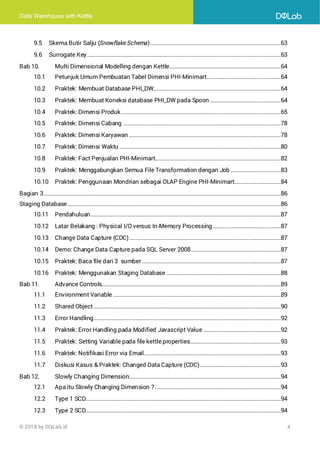 Data Warehouse with Kettle
© 2018 by DQLab.id 4
9.5 Skema Butir Salju (Snowflake Schema).................................................................................63
9.6 Surrogate Key........................................................................................................................63
Bab 10. Multi Dimensional Modelling dengan Kettle.....................................................................64
10.1 Petunjuk Umum Pembuatan Tabel Dimensi PHI-Minimart..............................................64
10.2 Praktek: Membuat Database PHI_DW...............................................................................64
10.3 Praktek: Membuat Koneksi database PHI_DW pada Spoon ............................................64
10.4 Praktek: Dimensi Produk...................................................................................................65
10.5 Praktek: Dimensi Cabang ..................................................................................................78
10.6 Praktek: Dimensi Karyawan ..............................................................................................78
10.7 Praktek: Dimensi Waktu ....................................................................................................80
10.8 Praktek: Fact Penjualan PHI-Minimart..............................................................................82
10.9 Praktek: Menggabungkan Semua File Transformation dengan Job ...............................83
10.10 Praktek: Penggunaan Mondrian sebagai OLAP Engine PHI-Minimart.............................84
Bagian 3...................................................................................................................................................86
Staging Database ....................................................................................................................................86
10.11 Pendahuluan......................................................................................................................87
10.12 Latar Belakang : Physical I/O versus In-Memory Processing ..........................................87
10.13 Change Data Capture (CDC)..............................................................................................87
10.14 Demo: Change Data Capture pada SQL Server 2008........................................................87
10.15 Praktek: Baca file dari 3 sumber ......................................................................................87
10.16 Praktek: Menggunakan Staging Database .......................................................................88
Bab 11. Advance Controls...............................................................................................................89
11.1 Environment Variable ........................................................................................................89
11.2 Shared Object....................................................................................................................90
11.3 Error Handling....................................................................................................................92
11.4 Praktek: Error Handling pada Modified Javascript Value ................................................92
11.5 Praktek: Setting Variable pada file kettle.properties........................................................93
11.6 Praktek: Notifikasi Error via Email.....................................................................................93
11.7 Diskusi Kasus & Praktek: Changed Data Capture (CDC)..................................................93
Bab 12. Slowly Changing Dimension..............................................................................................94
12.1 Apa itu Slowly Changing Dimension ?..............................................................................94
12.2 Type 1 SCD.........................................................................................................................94
12.3 Type 2 SCD.........................................................................................................................94
 