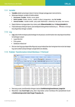 Data Warehouse with Kettle
© 2018 by DQLab.id 42
7.11 Variable
• Variable adalah penyimpan data di memori dengan penggunaan nama tertentu.
• Beberapa kategori variable di Kettle adalah:
▪ Environment Variables: Berlaku secara global
▪ Kettle Variables: Berlaku dinamis, variable ini dibuat menggunakan step Set Variable
▪ Internal Variables: Variable-variable yang sudah didefinisikan sebelumnya dan punya nilai tertentu
• Dapat diakses menggunakan dua notasi yaitu ${NamaVariable} atau %%NamaVariable%%.
• Pada beberapa dialog di Spoon, jika terdapat tanda gambar tanda tanya ( ) maka nilainya
bisa digantikan dengan variable.
7.12 Log
• Log pada Kettle terdapat pada berbagai level pad job, transformation dan step dapat diarahkan
ke berbagai output:
▪ Layar Monitor
▪ File system
▪ Database relasional
• Rincian dari log juga dapat dikonfigurasi sesuai kebutuhan dan keinginan kita mulai dari tanpa
log sama sekali sampai dengan sangat detil(row details).
7.13 Praktek: Transformation Untuk Membaca 1 File Excel
• Rancang suatu transformation dengan nama c:kettletrainingtransformasi_target.ktr.
• Masukkan step Excel Input yang akan digunakan untuk membaca file spreadsheet Excel
c:kettletrainingcontoh-dataTarget Penjualan.xls.
 