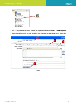 Data Warehouse with Kettle
© 2018 by DQLab.id 43
• Klik 2 kali pada step tersebut. Namakan step tersebut dengan Excel - Target Penjualan.
• Masukkan konfigurasi dengan petunjuk salah satu dari 2 gambar berikut di bawah ini.
atau
 
