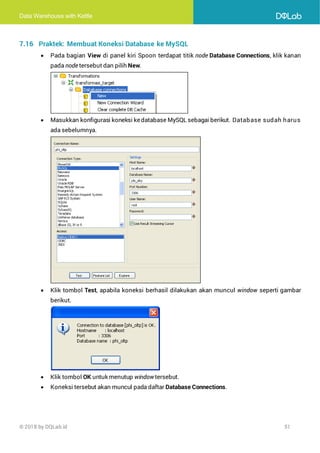 Data Warehouse with Kettle
© 2018 by DQLab.id 51
7.16 Praktek: Membuat Koneksi Database ke MySQL
• Pada bagian View di panel kiri Spoon terdapat titik node Database Connections, klik kanan
pada node tersebut dan pilih New.
• Masukkan konfigurasi koneksi kedatabase MySQL sebagai berikut. Database sudah harus
ada sebelumnya.
• Klik tombol Test, apabila koneksi berhasil dilakukan akan muncul window seperti gambar
berikut.
• Klik tombol OK untuk menutup window tersebut.
• Koneksi tersebut akan muncul pada daftar Database Connections.
 