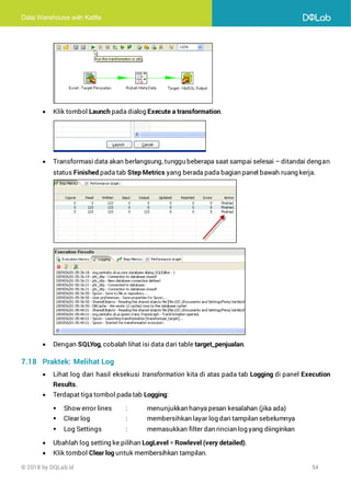 Data Warehouse with Kettle
© 2018 by DQLab.id 54
• Klik tombol Launch pada dialog Execute a transformation.
• Transformasi data akan berlangsung, tunggu beberapa saat sampai selesai – ditandai dengan
status Finished pada tab Step Metrics yang berada pada bagian panel bawah ruang kerja.
• Dengan SQLYog, cobalah lihat isi data dari table target_penjualan.
7.18 Praktek: Melihat Log
• Lihat log dari hasil eksekusi transformation kita di atas pada tab Logging di panel Execution
Results.
• Terdapat tiga tombol pada tab Logging:
▪ Show error lines : menunjukkan hanya pesan kesalahan (jika ada)
▪ Clear log : membersihkan layar log dari tampilan sebelumnya
▪ Log Settings : memasukkan filter dan rincian log yang diinginkan
• Ubahlah log setting ke pilihan LogLevel = Rowlevel (very detailed).
• Klik tombol Clear log untuk membersihkan tampilan.
 