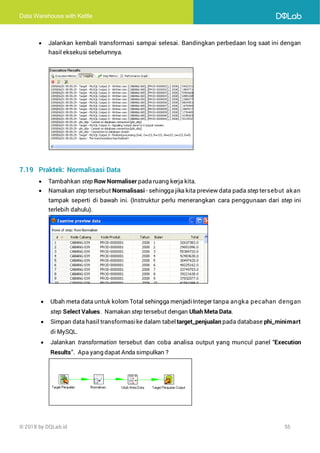 Data Warehouse with Kettle
© 2018 by DQLab.id 55
• Jalankan kembali transformasi sampai selesai. Bandingkan perbedaan log saat ini dengan
hasil eksekusi sebelumnya.
7.19 Praktek: Normalisasi Data
• Tambahkan step Row Normaliser pada ruang kerja kita.
• Namakan step tersebut Normalisasi - sehingga jika kita preview data pada step tersebut akan
tampak seperti di bawah ini. (Instruktur perlu menerangkan cara penggunaan dari step ini
terlebih dahulu).
• Ubah meta data untuk kolom Total sehingga menjadiInteger tanpa angka pecahan dengan
step Select Values. Namakan step tersebut dengan Ubah Meta Data.
• Simpan data hasil transformasike dalam tabel target_penjualan pada database phi_minimart
di MySQL.
• Jalankan transformation tersebut dan coba analisa output yang muncul panel “Execution
Results”. Apa yang dapat Anda simpulkan ?
 