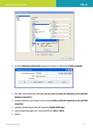 Data Warehouse with Kettle
© 2018 by DQLab.id 58
• Isi dialog Repository Information dengan entri berikut ini. Klik tombol Create or Upgrade.
• Klik Yes untuk pertanyaan Are you sure you want to create the repository on the specified
database connection ?.
• Tunggu beberapa saat sampai muncul dialog Kettle created the repository on the specified
connection.
• Jalankan kembali Spoon dan pilih repository MySQL Kettle Repo.
• Login dengan pasangan user / password berikut: admin / admin.
• Selesai.
 