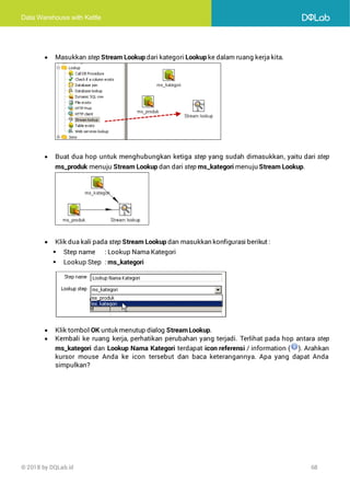 Data Warehouse with Kettle
© 2018 by DQLab.id 68
• Masukkan step Stream Lookup dari kategori Lookup ke dalam ruang kerja kita.
• Buat dua hop untuk menghubungkan ketiga step yang sudah dimasukkan, yaitu dari step
ms_produk menuju Stream Lookup dan dari step ms_kategori menuju Stream Lookup.
• Klik dua kali pada step Stream Lookup dan masukkan konfigurasi berikut :
▪ Step name : Lookup Nama Kategori
▪ Lookup Step : ms_kategori
• Klik tombol OK untuk menutup dialog StreamLookup.
• Kembali ke ruang kerja, perhatikan perubahan yang terjadi. Terlihat pada hop antara step
ms_kategori dan Lookup Nama Kategori terdapat icon referensi / information ( ). Arahkan
kursor mouse Anda ke icon tersebut dan baca keterangannya. Apa yang dapat Anda
simpulkan?
 