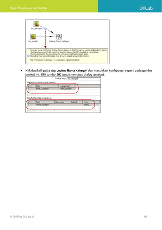 Data Warehouse with Kettle
© 2018 by DQLab.id 69
• Klik dua kali pada step Lookup Nama Kategori dan masukkan konfigurasi seperti pada gambar
berikut ini. Klik tombol OK untuk menutup dialog tersebut.
 