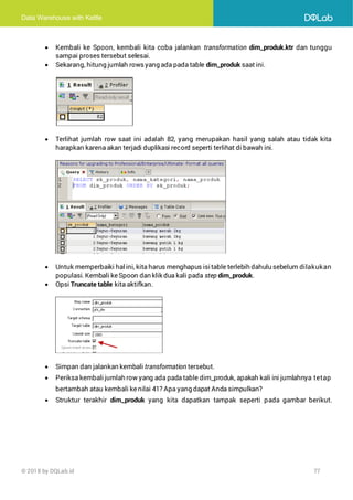 Data Warehouse with Kettle
© 2018 by DQLab.id 77
• Kembali ke Spoon, kembali kita coba jalankan transformation dim_produk.ktr dan tunggu
sampai proses tersebut selesai.
• Sekarang, hitung jumlah rowsyang ada pada table dim_produk saat ini.
• Terlihat jumlah row saat ini adalah 82, yang merupakan hasil yang salah atau tidak kita
harapkan karena akan terjadi duplikasi record seperti terlihat di bawah ini.
• Untuk memperbaiki halini, kita harus menghapus isitable terlebih dahulu sebelum dilakukan
populasi. Kembali keSpoon dan klik dua kali pada step dim_produk.
• Opsi Truncate table kita aktifkan.
• Simpan dan jalankan kembali transformation tersebut.
• Periksa kembalijumlah row yang ada pada table dim_produk, apakah kali ini jumlahnya tetap
bertambah atau kembali kenilai 41? Apa yang dapat Anda simpulkan?
• Struktur terakhir dim_produk yang kita dapatkan tampak seperti pada gambar berikut.
 