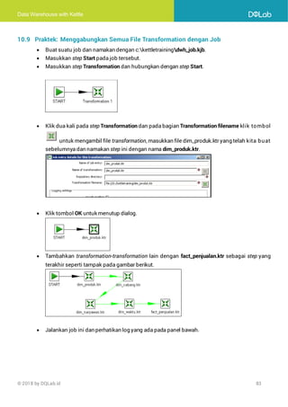 Data Warehouse with Kettle
© 2018 by DQLab.id 83
10.9 Praktek: Menggabungkan Semua File Transformation dengan Job
• Buat suatu job dan namakan dengan c:kettletrainingdwh_job.kjb.
• Masukkan step Start pada job tersebut.
• Masukkan step Transformation dan hubungkan dengan step Start.
• Klik dua kali pada step Transformation dan pada bagian Transformation filename klik tombol
untuk mengambil file transformation, masukkan file dim_produk.ktr yang telah kita buat
sebelumnya dan namakan step ini dengan nama dim_produk.ktr.
• Klik tombol OK untuk menutup dialog.
• Tambahkan transformation-transformation lain dengan fact_penjualan.ktr sebagai step yang
terakhir seperti tampak pada gambar berikut.
• Jalankan job ini dan perhatikan log yang ada pada panel bawah.
 