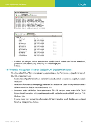 Data Warehouse with Kettle
© 2018 by DQLab.id 84
• Pastikan job dengan semua tranformation tersebut telah selesai dan sukses dieksekusi,
periksalah semua table yang terdapat pada database phi_dw.
• Selesai.
10.10 Praktek: Penggunaan Mondrian sebagai OLAP Engine PHI-Minimart
Mondrian adalah OLAP Server yang juga merupakan bagian dari Pentaho dan dapat mengenali
Star Schema dengan baik.
• Ikuti instalasi Apache Tomcat dan Mondrian war (web archive) sesuai dengan petunjuk dari
instruktur.
• Instruktur akan menunjukkan penggunaan Pentaho Workbench Editor untuk pemetaan antara
schema Mondrian dengan struktur database kita.
• Instruktur akan melakukan demo pembuatan file JSP dengan suatu query MDX (Multi
Dimensional Expression) sehingga kita dapat mudah melakukan navigasiOLAP ke data PHI-
Minimart kita.
• Peserta meng-copy semua file schema dan JSP dari instruktur untuk dicoba pada instalasi
lokal tiap-tiap peserta pelatihan.
 
