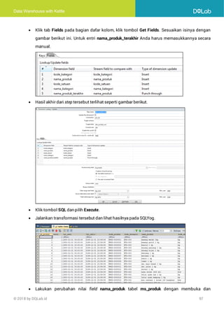 Data Warehouse with Kettle
© 2018 by DQLab.id 97
• Klik tab Fields pada bagian dafar kolom, klik tombol Get Fields. Sesuaikan isinya dengan
gambar berikut ini. Untuk entri nama_produk_terakhir Anda harus memasukkannya secara
manual.
• Hasil akhir dari step tersebut terlihat seperti gambar berikut.
• Klik tombol SQL dan pilih Execute.
• Jalankan transformasi tersebut dan lihat hasilnya pada SQLYog.
• Lakukan perubahan nilai field nama_produk tabel ms_produk dengan membuka dan
 