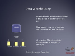 Data Warehousing The Performance Organiser Perhaps the two most well know forms of data stored in a data warehouse are: Da...