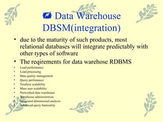    Data Warehouse DBSM(integration) due to the maturity of such products, most relational databases will integrate predictably with other types of software The reqirements for data warehose RDBMS Load performance  Load processing  Data quality management Query perfomance Terabyte scalability Mass user scalability Networked data warehouse Warehouse administration Integrated dimensional analysis Advanced query funtionlity 