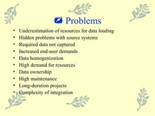    Problems Underestimation of resources for data loading Hidden problems with source systems Required data not captured Increased end-user demands Data homogenization High demand for resources Data ownership High maintenance Long-duration projects Complexity of integration 