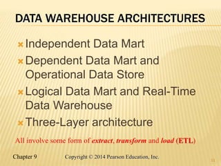 Chapter 9 11
Copyright © 2014 Pearson Education, Inc.
DATA WAREHOUSE ARCHITECTURES
Independent Data Mart
Dependent Data Mart and
Operational Data Store
Logical Data Mart and Real-Time
Data Warehouse
Three-Layer architecture
11
All involve some form of extract, transform and load (ETL)
 