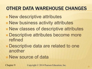Chapter 9 20
Copyright © 2014 Pearson Education, Inc.
OTHER DATA WAREHOUSE CHANGES
 New descriptive attributes
 New business activity attributes
 New classes of descriptive attributes
 Descriptive attributes become more
refined
 Descriptive data are related to one
another
 New source of data
20
 
