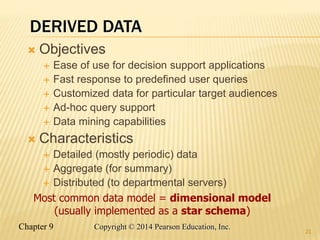 Chapter 9 21
Copyright © 2014 Pearson Education, Inc.
DERIVED DATA
 Objectives
 Ease of use for decision support applications
 Fast response to predefined user queries
 Customized data for particular target audiences
 Ad-hoc query support
 Data mining capabilities
 Characteristics
 Detailed (mostly periodic) data
 Aggregate (for summary)
 Distributed (to departmental servers)
21
Most common data model = dimensional model
(usually implemented as a star schema)
 