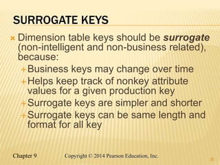 Chapter 9 25
Copyright © 2014 Pearson Education, Inc.
SURROGATE KEYS
 Dimension table keys should be surrogate
(non-intelligent and non-business related),
because:
Business keys may change over time
Helps keep track of nonkey attribute
values for a given production key
Surrogate keys are simpler and shorter
Surrogate keys can be same length and
format for all key
25
 
