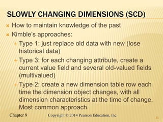 Chapter 9 33
Copyright © 2014 Pearson Education, Inc.
SLOWLY CHANGING DIMENSIONS (SCD)
 How to maintain knowledge of the past
 Kimble’s approaches:
 Type 1: just replace old data with new (lose
historical data)
 Type 3: for each changing attribute, create a
current value field and several old-valued fields
(multivalued)
 Type 2: create a new dimension table row each
time the dimension object changes, with all
dimension characteristics at the time of change.
Most common approach.
33
 