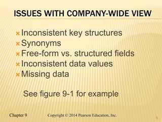 Chapter 9 6
Copyright © 2014 Pearson Education, Inc.
ISSUES WITH COMPANY-WIDE VIEW
Inconsistent key structures
Synonyms
Free-form vs. structured fields
Inconsistent data values
Missing data
See figure 9-1 for example
6
 