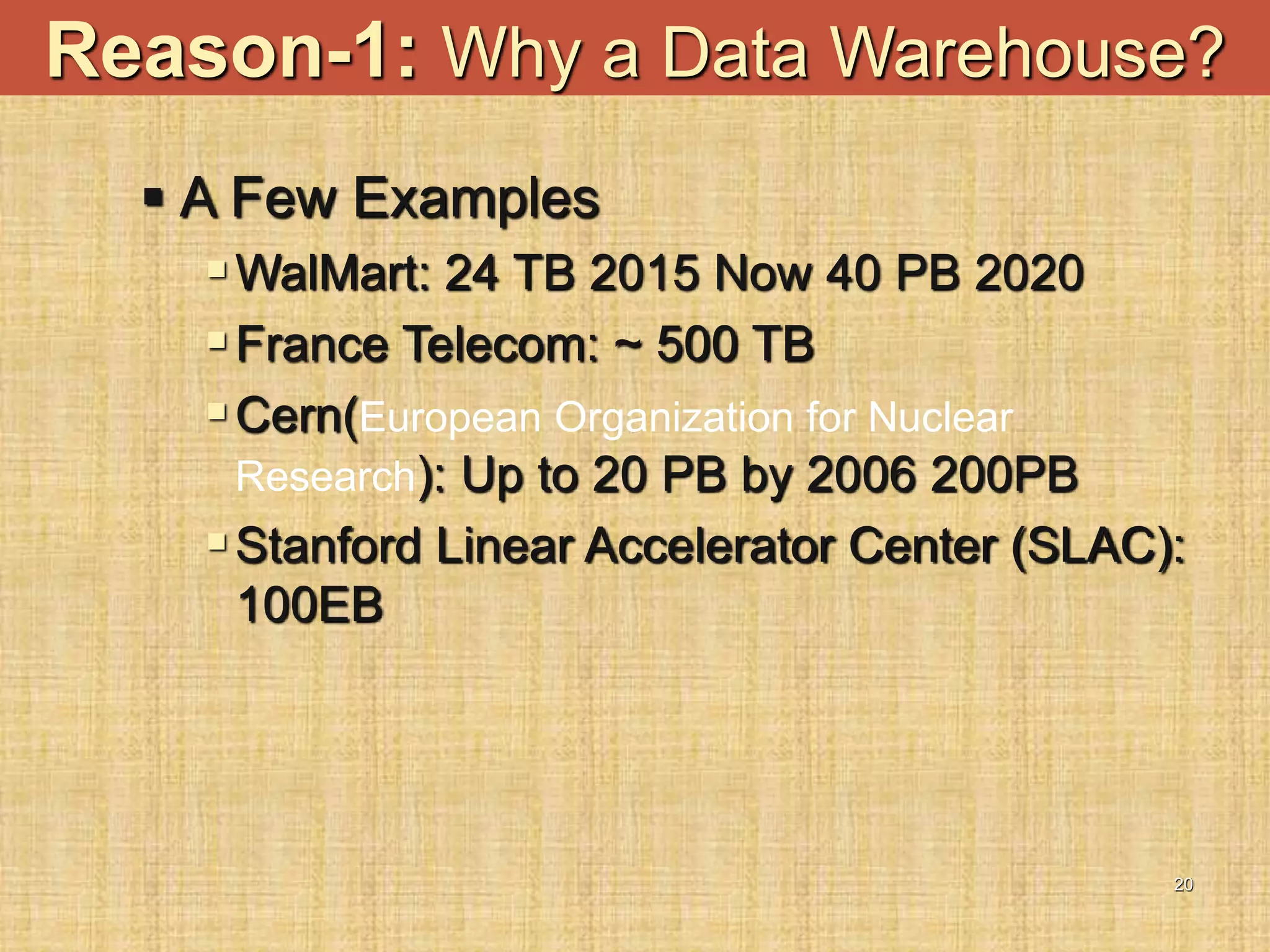 20
Reason-1: Why a Data Warehouse?
 A Few Examples
WalMart: 24 TB 2015 Now 40 PB 2020
France Telecom: ~ 500 TB
Cern(European Organization for Nuclear
Research): Up to 20 PB by 2006 200PB
Stanford Linear Accelerator Center (SLAC):
100EB
 