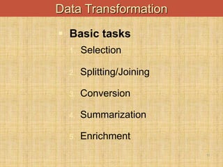 -
11
Data Transformation
 Basic tasks
1. Selection
2. Splitting/Joining
3. Conversion
4. Summarization
5. Enrichment
 