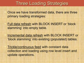 -
21
Three Loading Strategies
 Once we have transformed data, there are three
primary loading strategies:
 Full data refresh with BLOCK INSERT or ‘block
slamming’ into empty table.
 Incremental data refresh with BLOCK INSERT or
‘block slamming’ into existing (populated) tables.
 Trickle/continuous feed with constant data
collection and loading using row level insert and
update operations.
 