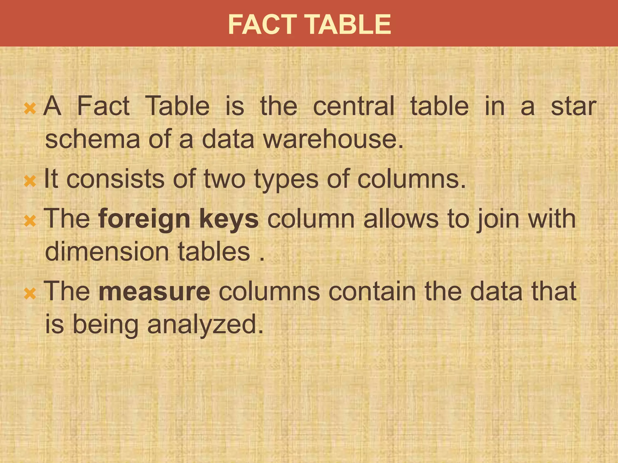  A Fact Table is the central table in a star
schema of a data warehouse.
 It consists of two types of columns.
 The foreign keys column allows to join with
dimension tables .
 The measure columns contain the data that
is being analyzed.
FACT TABLE
 