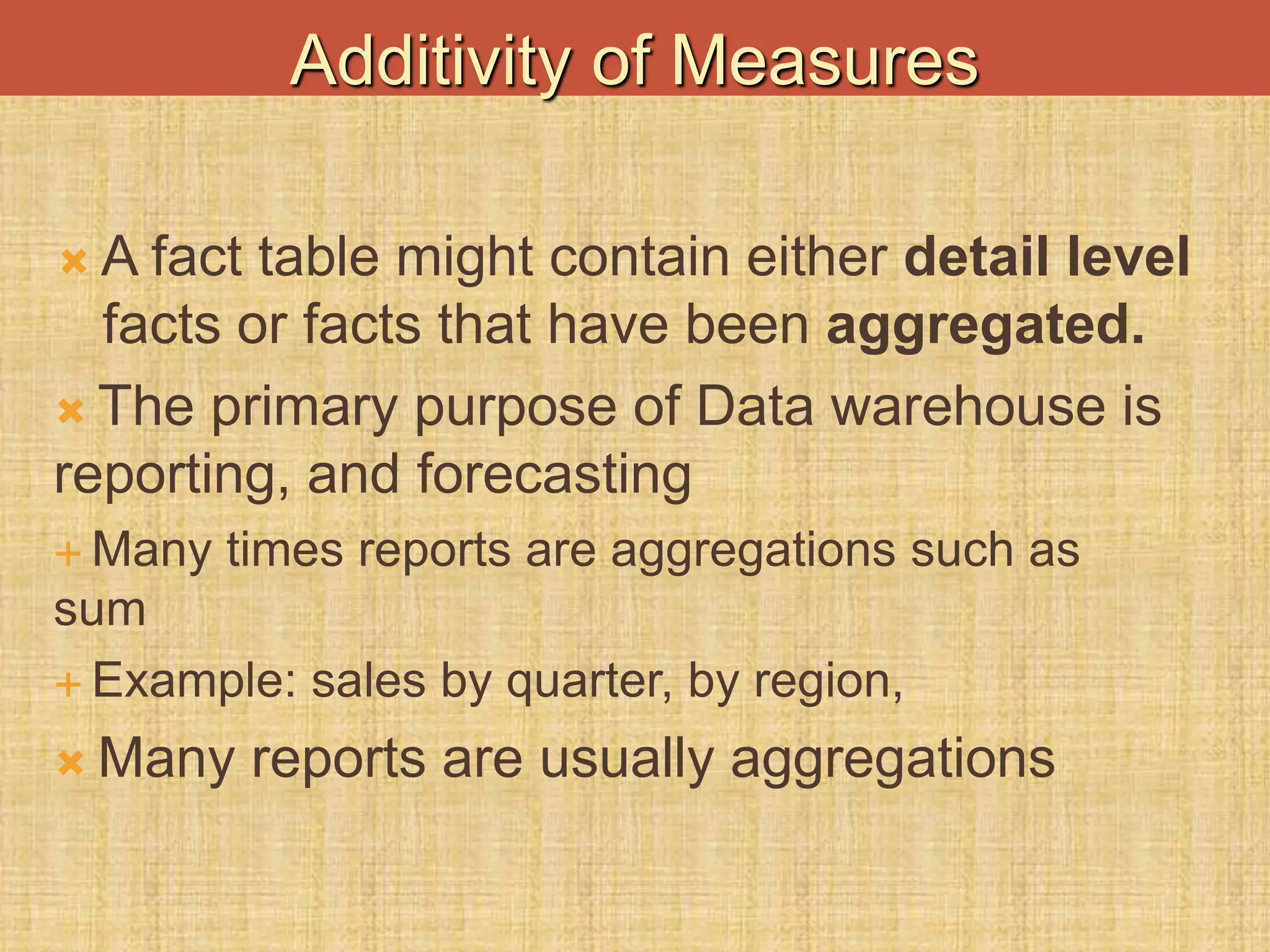  A fact table might contain either detail level
facts or facts that have been aggregated.
 The primary purpose of Data warehouse is
reporting, and forecasting
 Many times reports are aggregations such as
sum
 Example: sales by quarter, by region,
 Many reports are usually aggregations
Additivity of Measures
 